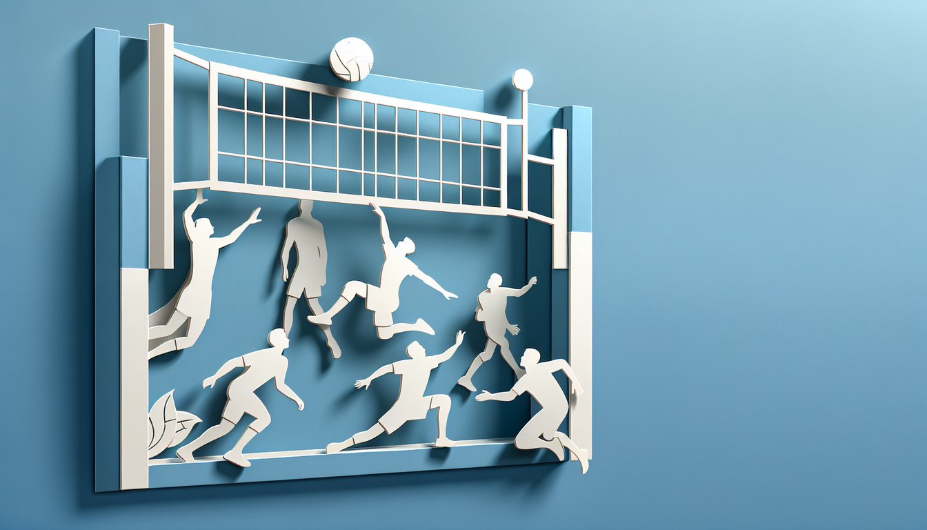 Paper art volleyball and player cutouts on sky blue background promoting a Karasuno ace personality quiz