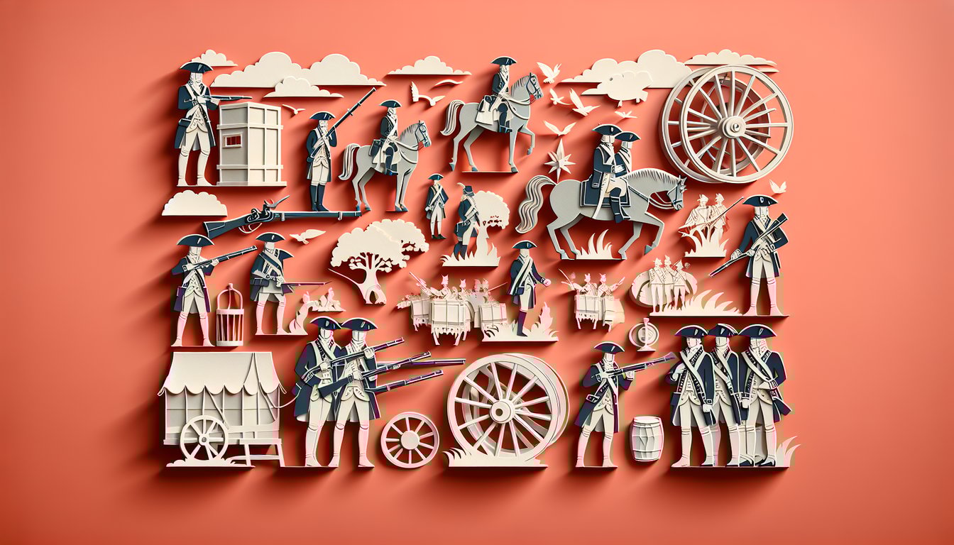 Layered paper art showing colonial soldiers, cannons, flags and maps for Revolutionary War quiz on coral background