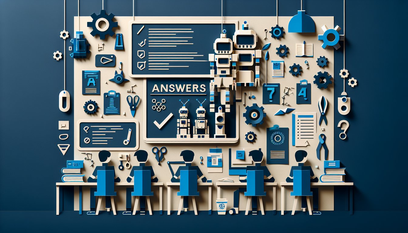 Colorful paper art promoting Robot Academy Answers trivia quiz for high school robotics students.