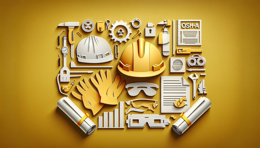 Paper art of tools and safety gear on golden yellow background for construction material handling safety quiz