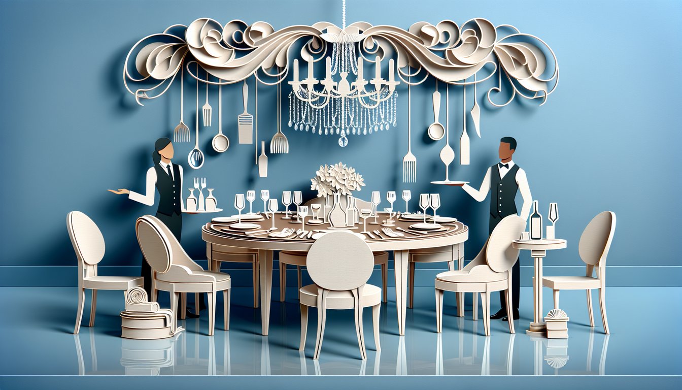 Paper art of fine dining table setup with silverware plates wine glasses for quiz on service etiquette sky blue background
