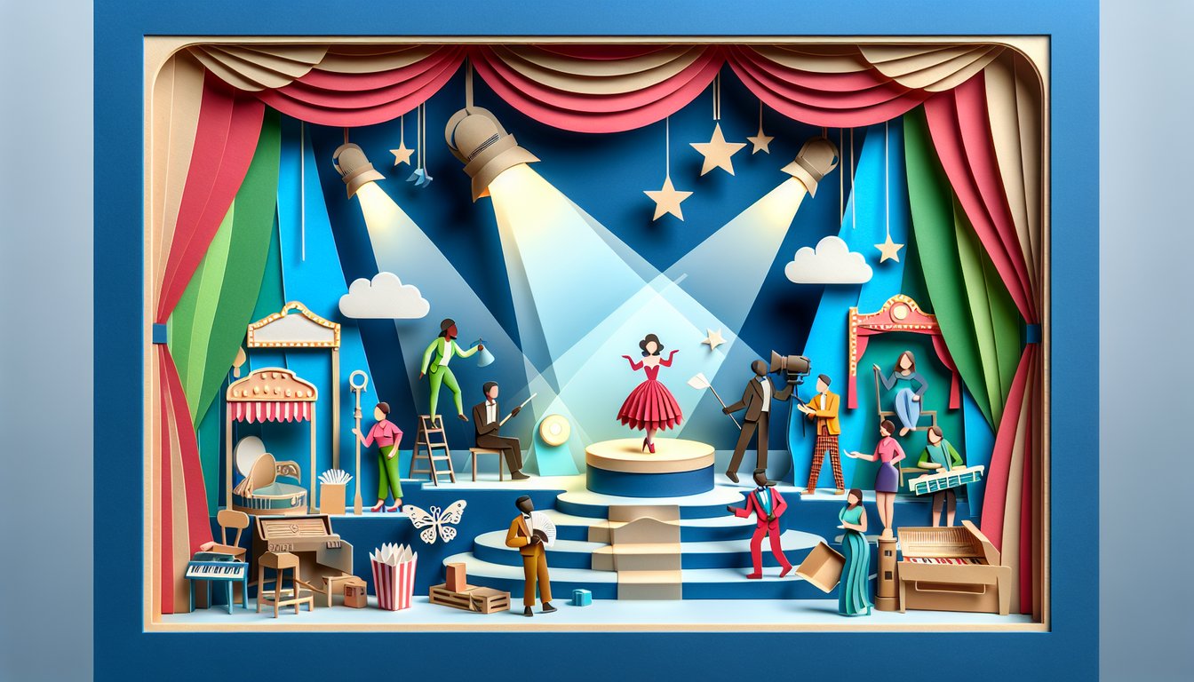 Paper art illustration for Theatre Kid quiz on sky blue background, discover your drama persona.