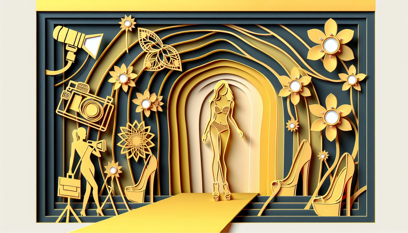 Paper art runway silhouettes magazine cover model poses golden yellow backdrop quiz on Ana Beatriz Barros career