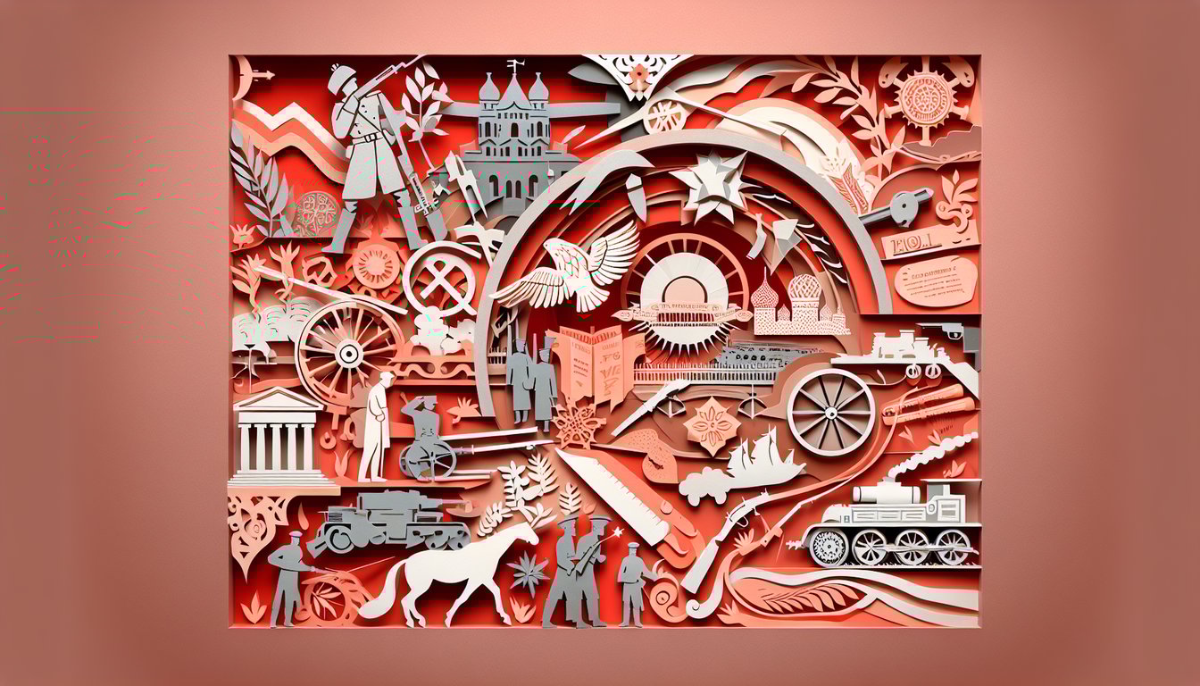 Layered paper art silhouettes of War and Peace characters on coral background promoting personality quiz