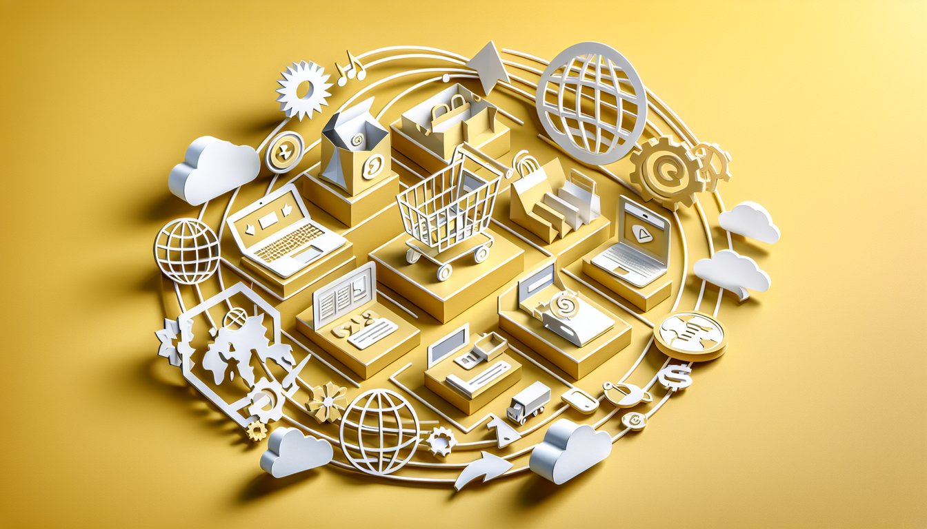 Paper art collage of ecommerce icons and quiz elements on a golden yellow background