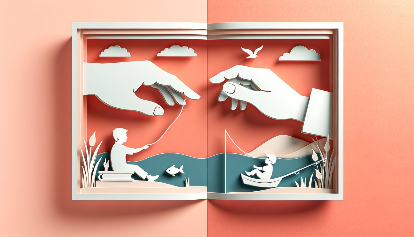 Paper art illustration for a quiz about father-child bond on a coral background