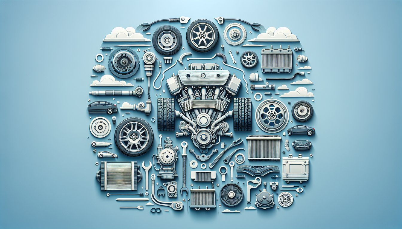 Paper art car engine spark plug tire and wrench cutouts, on sky blue background for a quick car parts quiz challenge