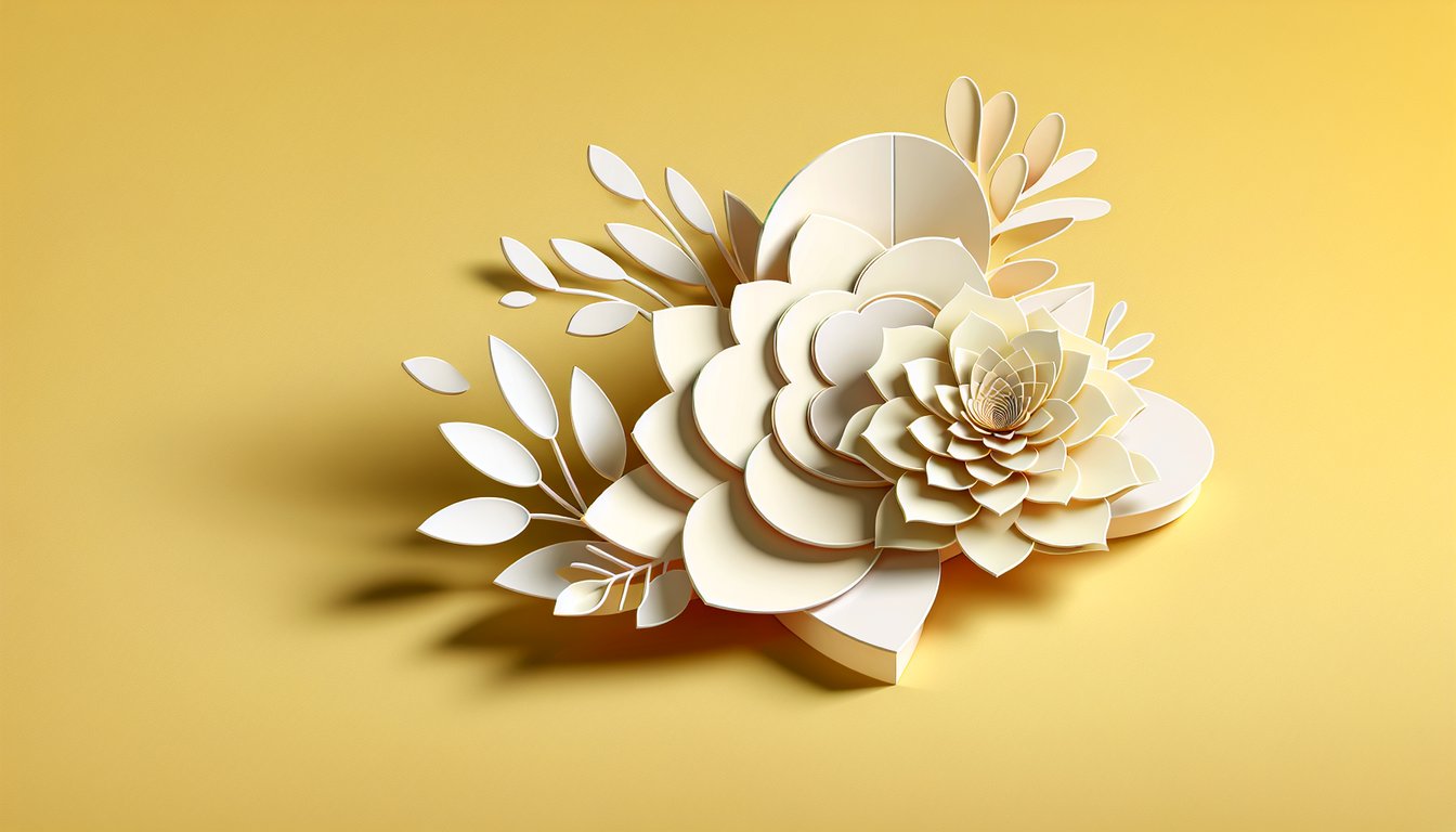 Paper art illustration for Korean birth flower personality quiz on a golden yellow background