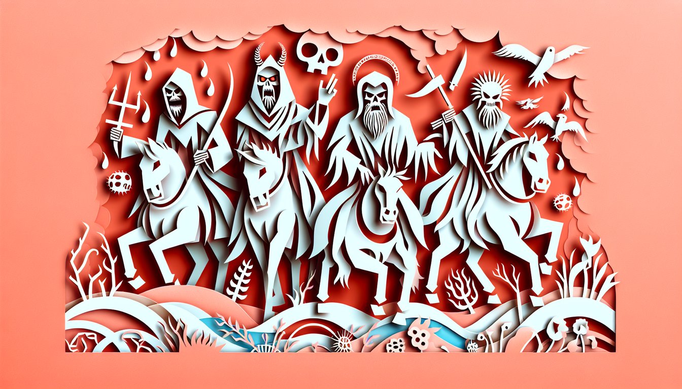 Paper art illustration of four horsemen silhouettes on coral background promoting free Four Horsemen relationship quiz