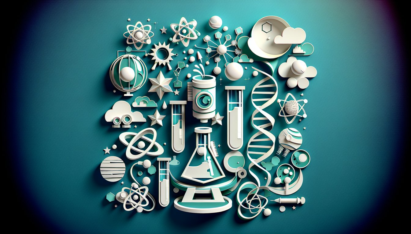 paper art style quiz graphic on teal background with microscope test tube gears brain and question marks