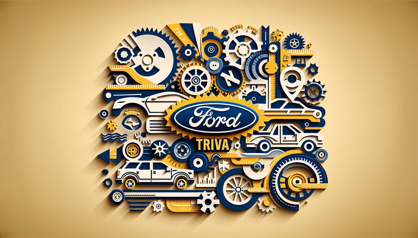 paper art illustration for a ford trivia quiz with cars models history fun facts on a golden yellow background