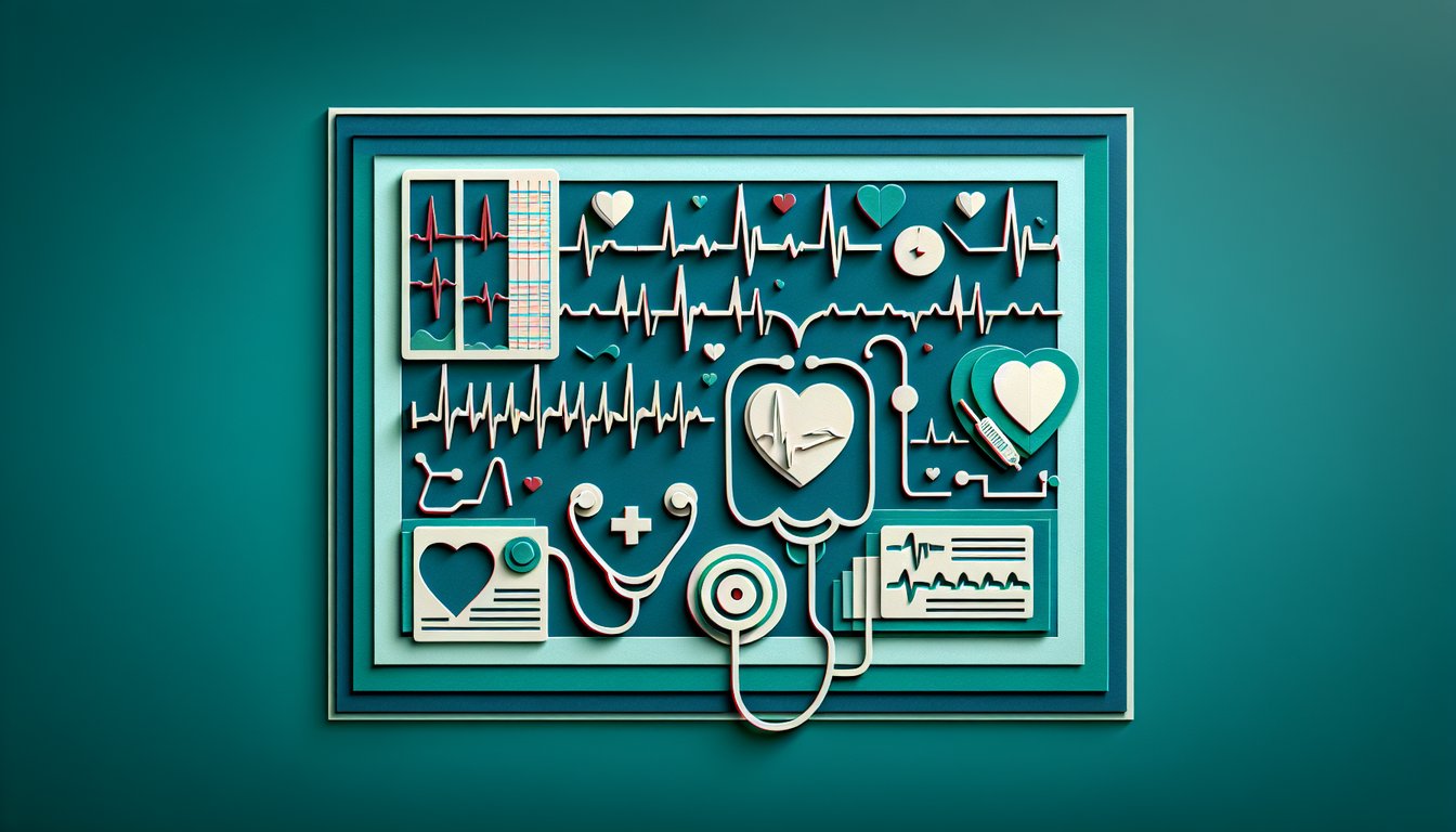 Paper art illustration of ECG tracing quiz elements on teal background for Spanish electrocardiogram test