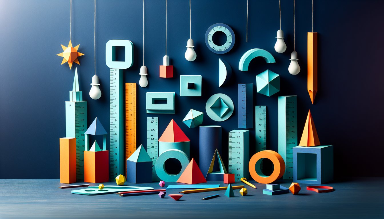 Colorful paper art promoting the Measure Up Challenge, a math skills quiz for middle schoolers.