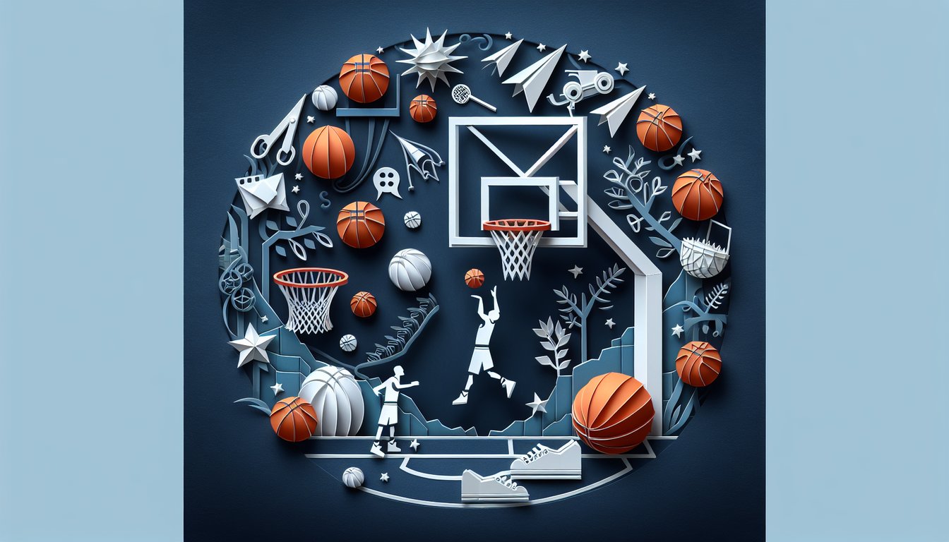 Colorful paper art featuring basketball elements for a skills knowledge test quiz.