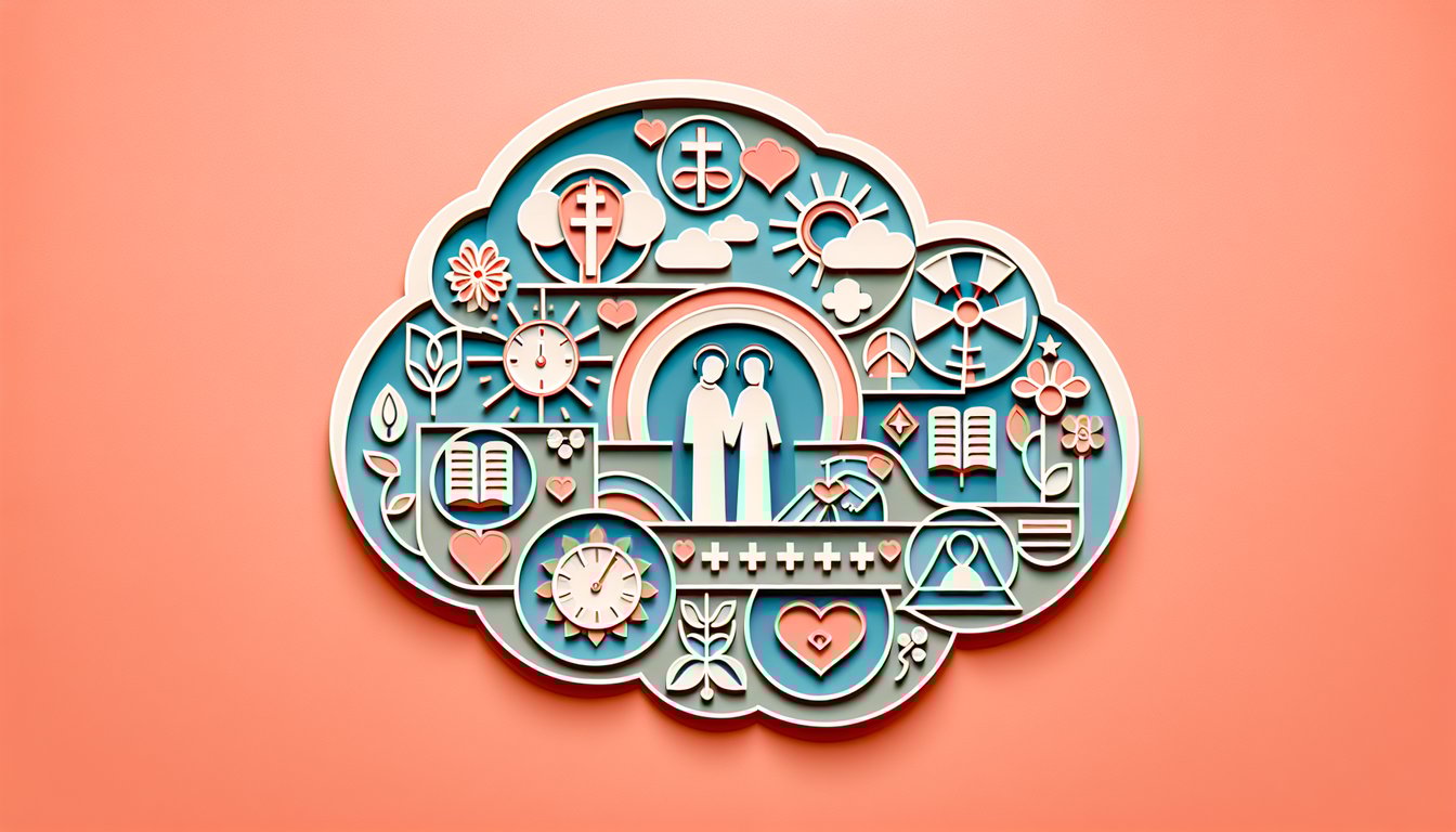 Paper art of couple inside heart on coral background with cross chat bubbles and goal icon