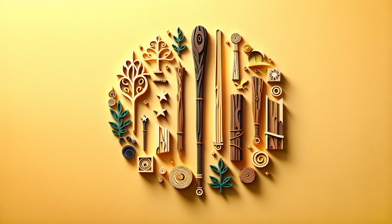 Paper art depicting wand silhouettes and wood labels for magical wood quiz on golden yellow background