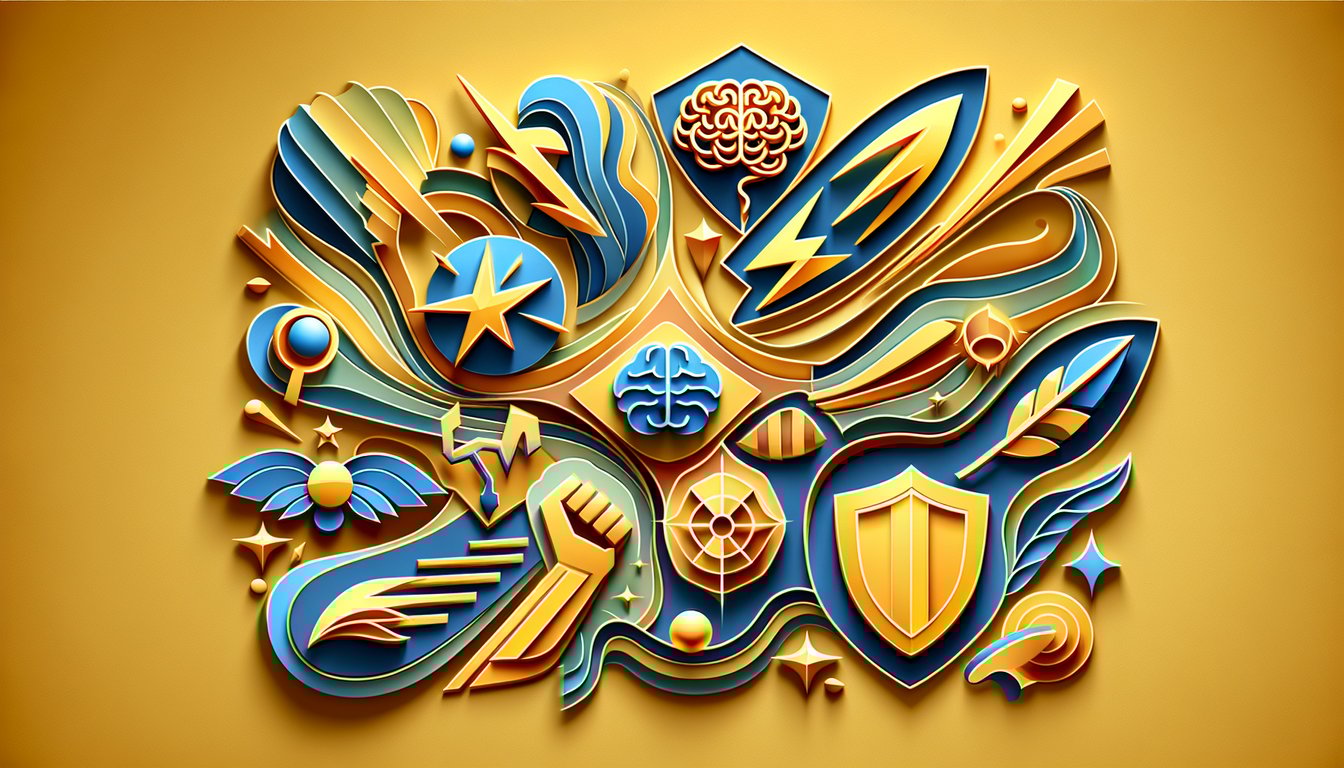 Paper art style quiz header with hero masks lightning bolts question marks and power icons on golden yellow background.
