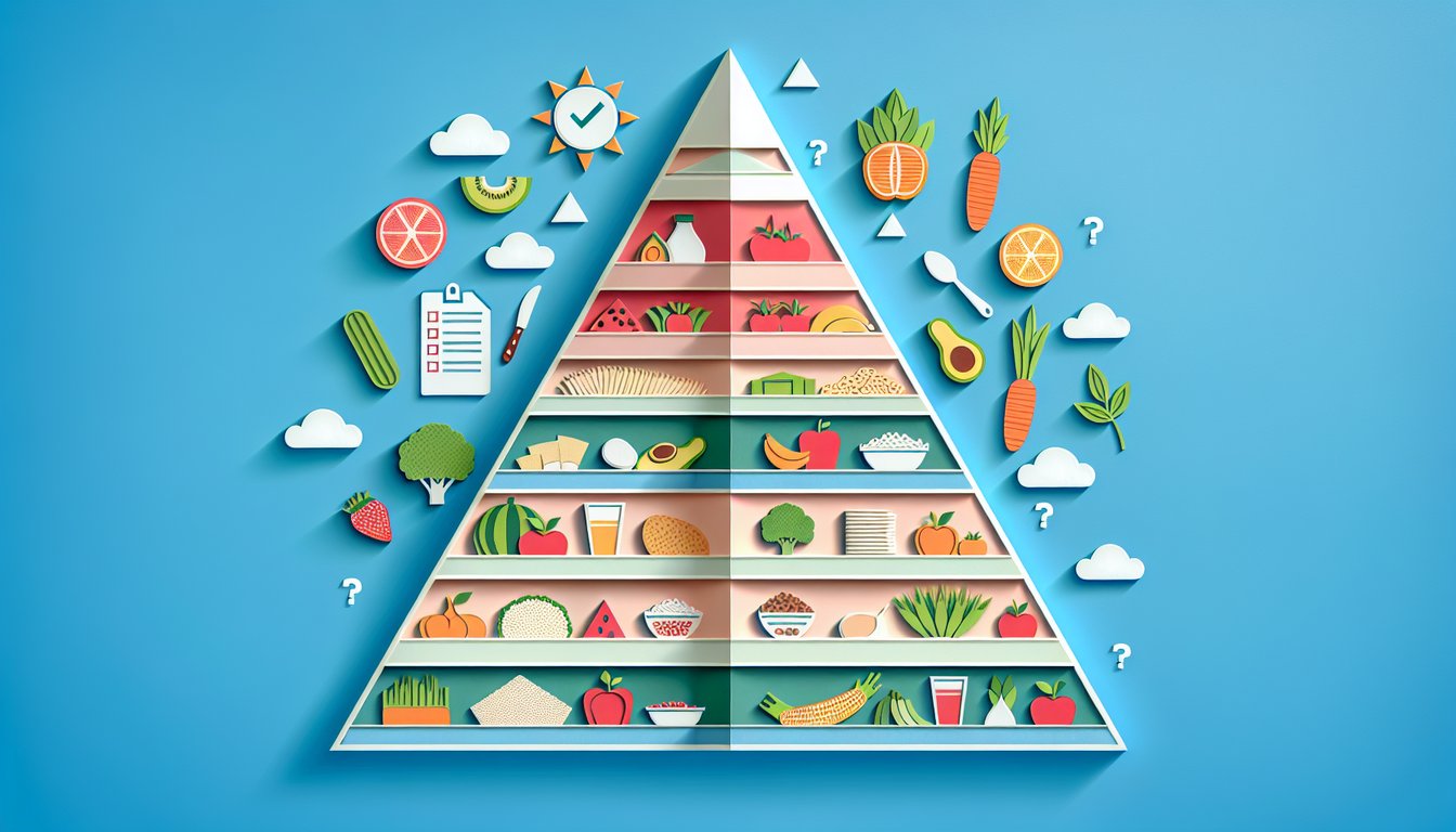 Paper art food pyramid with fruits vegetables grains proteins dairy on sky blue background for quiz