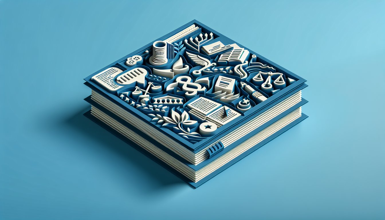 Paper art illustration for business and law practice exam quiz on sky blue background