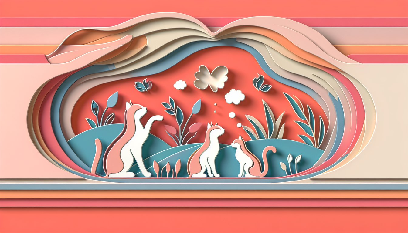 Paper art illustration for a cat friendship quiz on a coral background