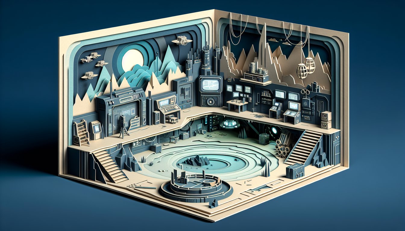 Paper art illustration for Fallout 3 national archives quiz on a dark blue background