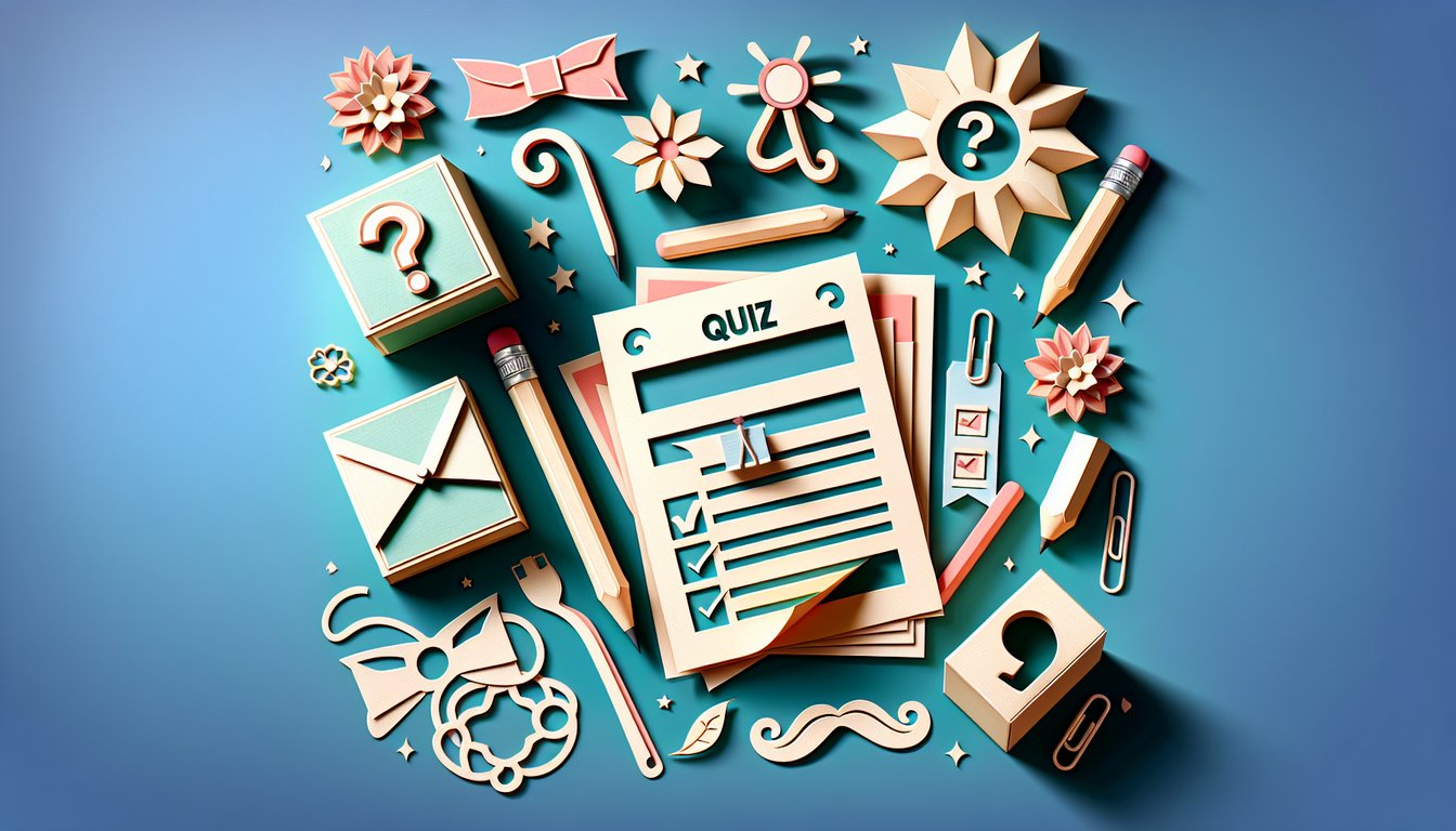 Paper art scene with animatronic characters and quiz text on teal background inviting FNAF spirit character discovery