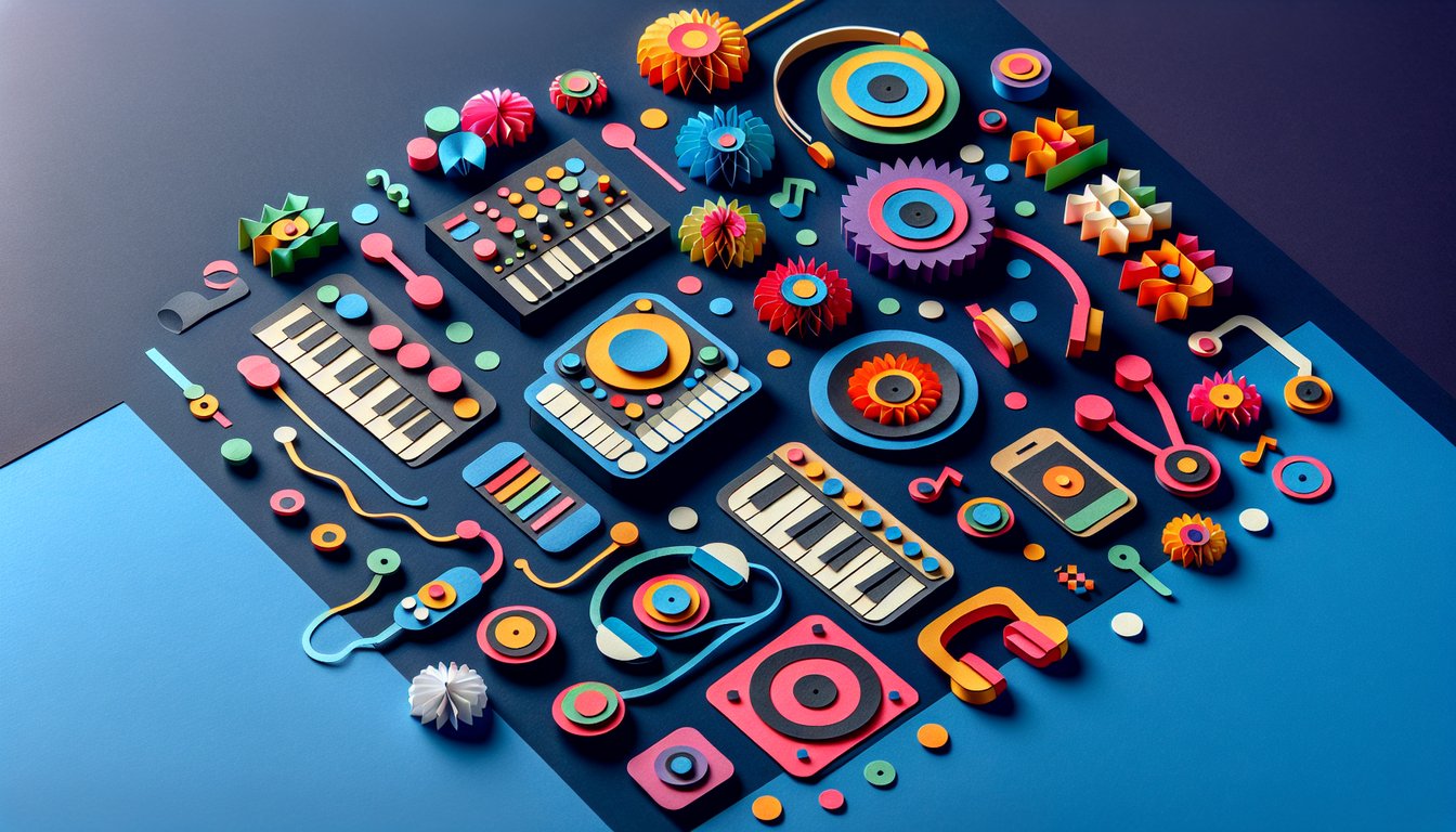 Colorful paper art depicting elements of electronic music for a knowledge quiz.