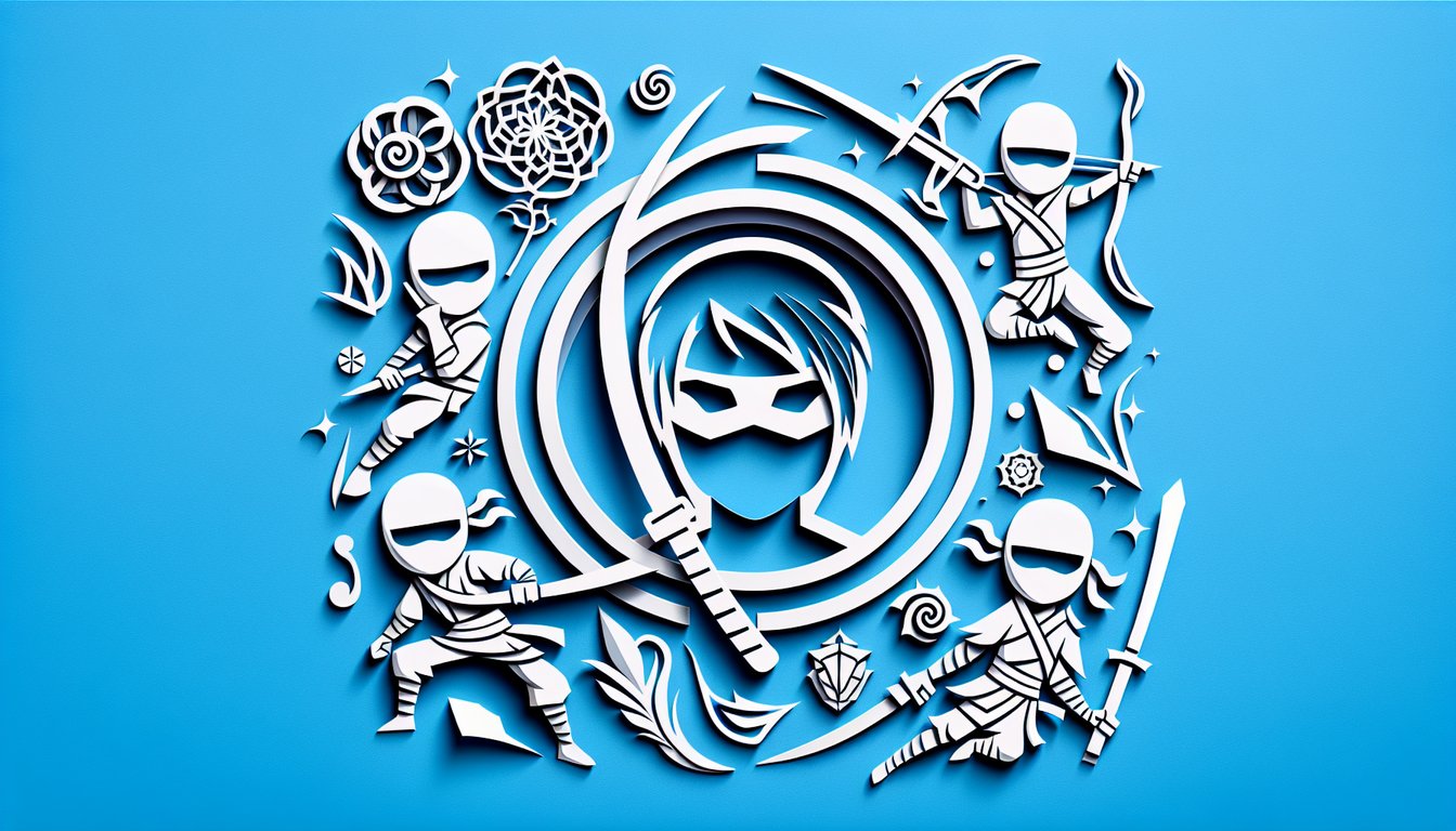 Paper art illustration of Deidara clay sculptures and ninja tools on sky blue background for Naruto personality quiz