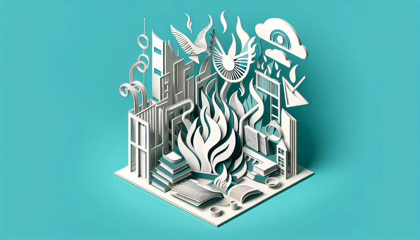 paper art of open book with sand pouring through a sieve onto pages on a teal background for a Fahrenheit 451 quiz