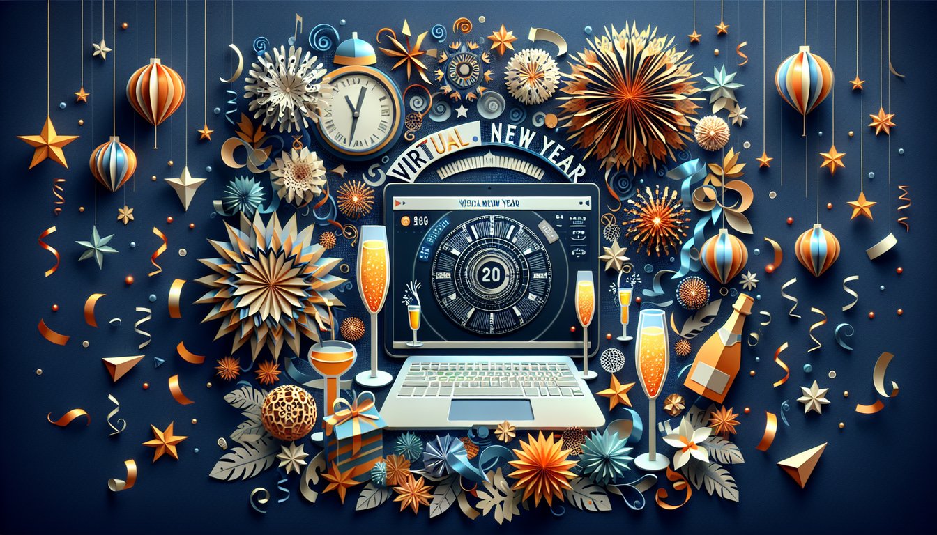Colorful paper art depicting elements related to Virtual New Year Trivia Quiz
