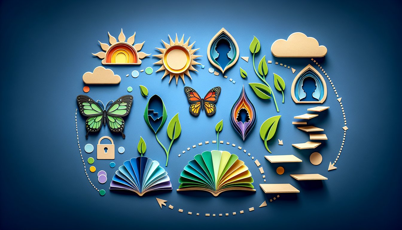 Colorful paper art illustrating a character development knowledge quiz.