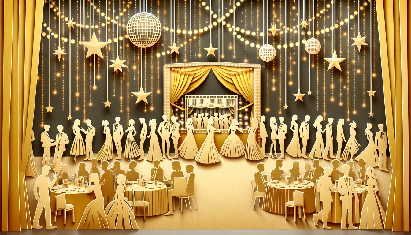 Paper art illustration for homecoming dress style quiz on a golden yellow background