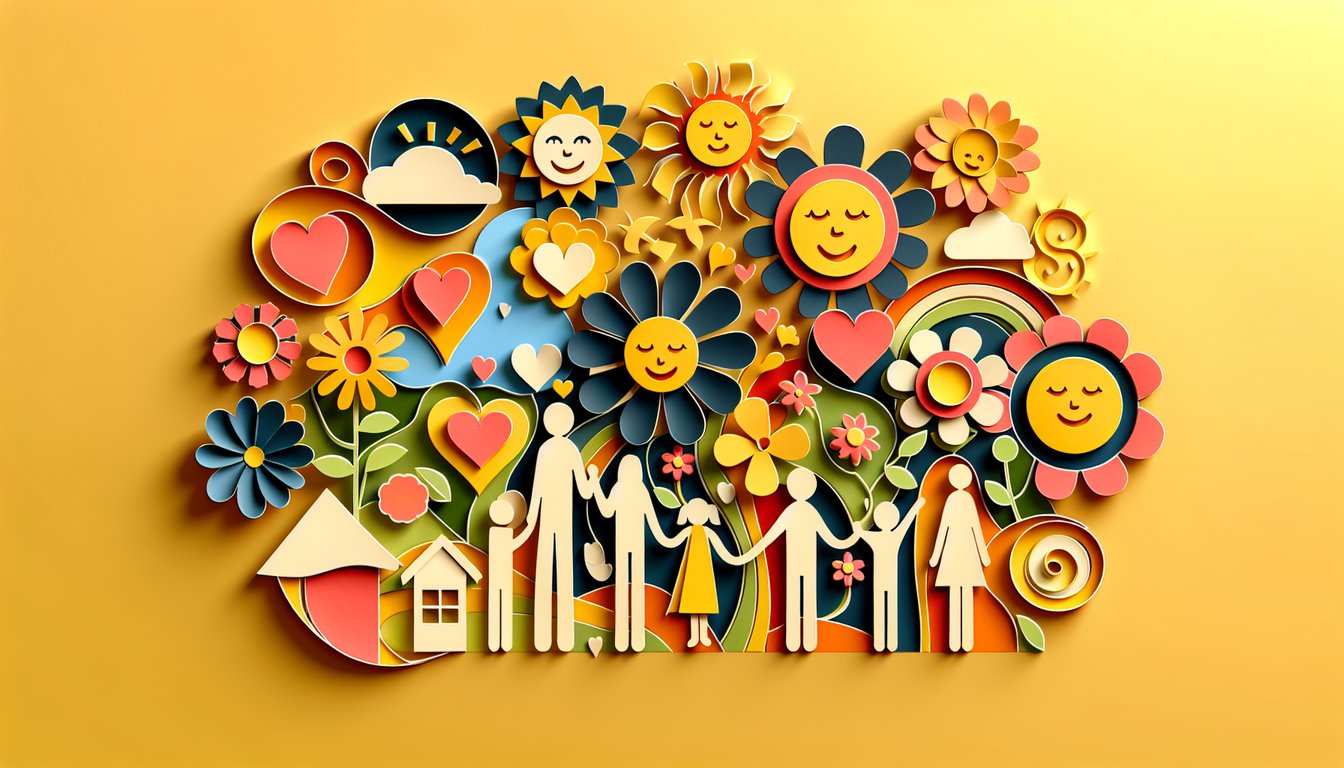 Paper art illustration for happiness quiz on a golden yellow background