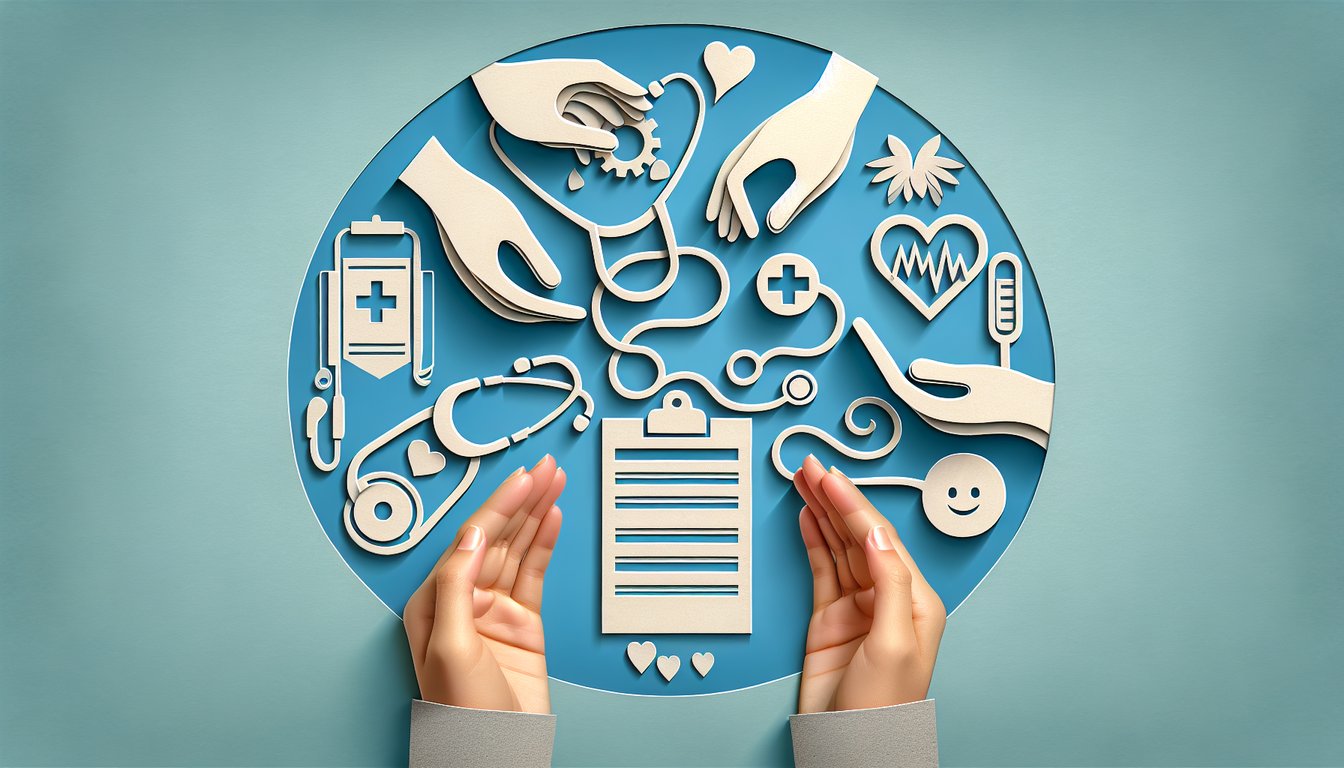 Paper art illustration for nursing ADPIE quiz on a sky blue background