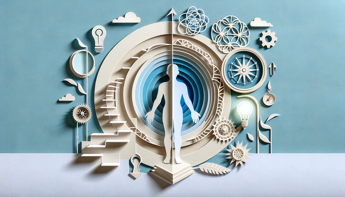 Paper art illustration showing human figure emerging from heart with radiating patterns on sky blue background.