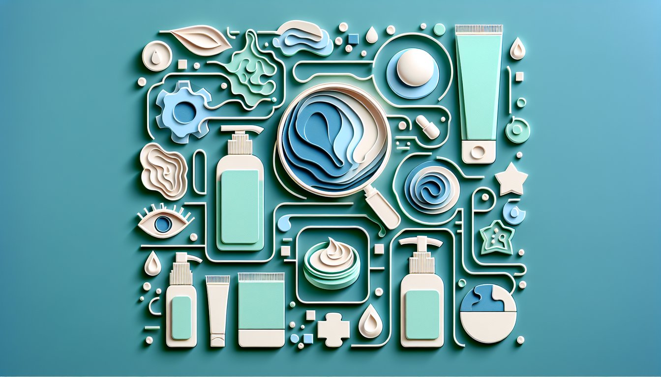 Paper art illustration showing tubes, jars, leaves and quiz text about finding your ideal face moisturizer on teal background