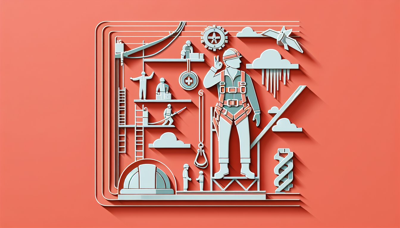 Paper art scene of worker in harness on coral background for fall protection safety quiz with positioning and rescue themes