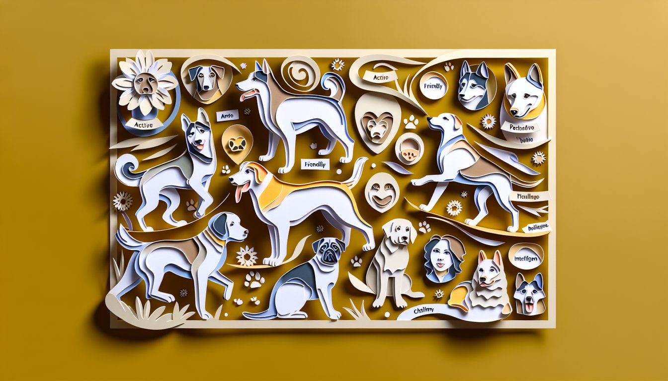 Paper art playful dogs puzzle pieces on golden yellow background for free personality quiz to find your perfect dog match