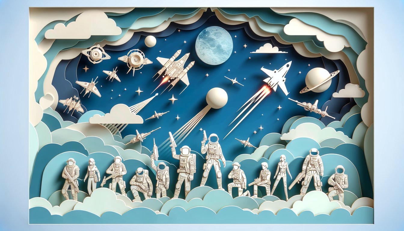 Paper art illustration of Star Wars team quiz invitation on sky blue background with stylized starships and characters