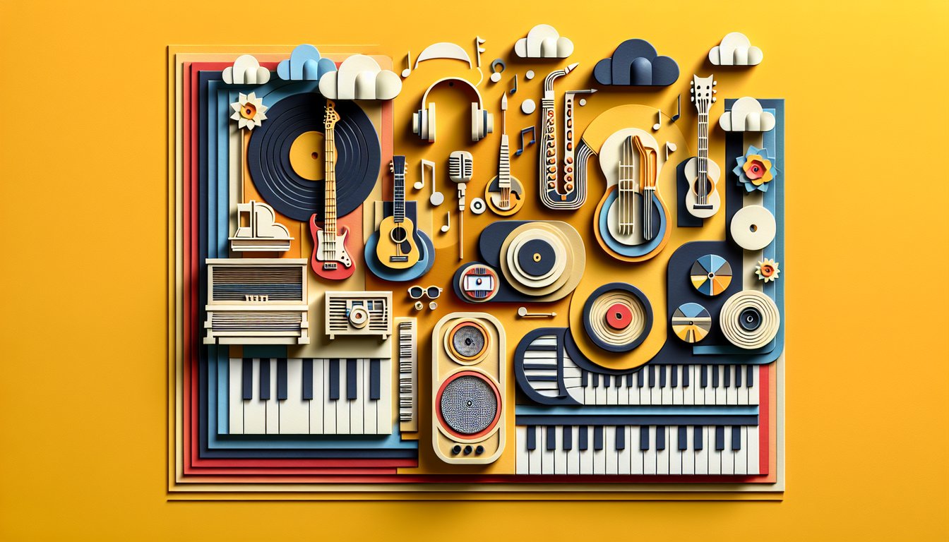 Paper art illustration of musical icons and instruments on golden yellow background for music personality quiz