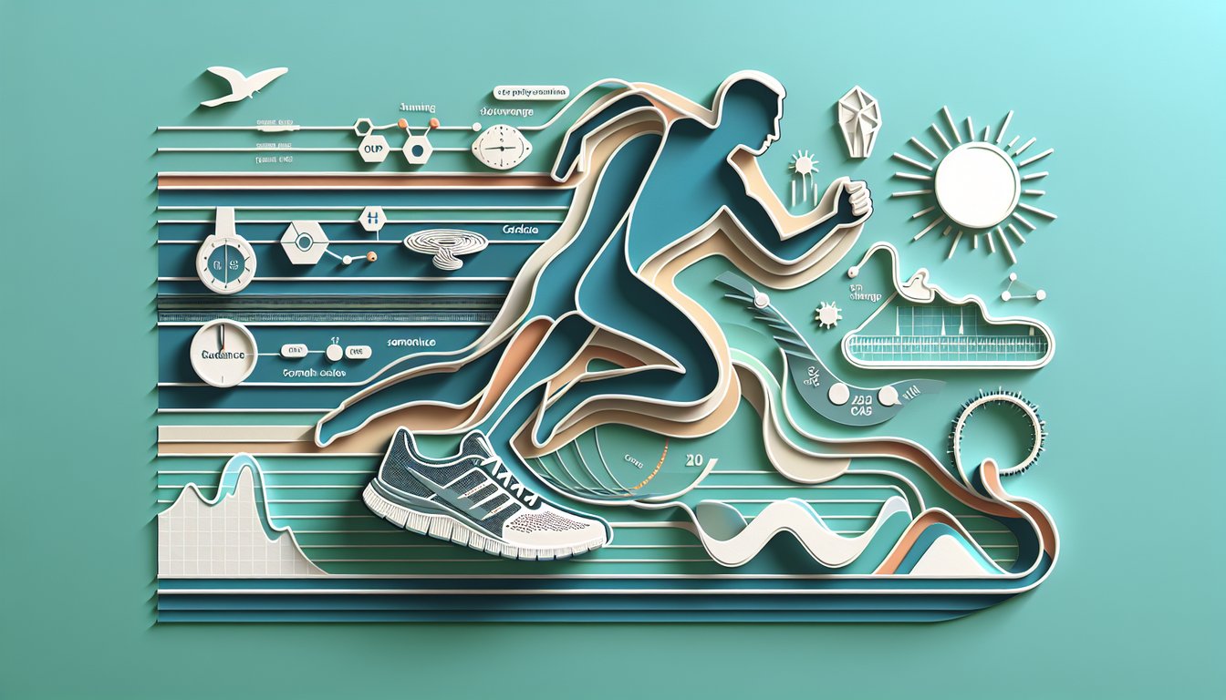 Paper cut illustration of runners sneakers stopwatch and quiz text on teal background