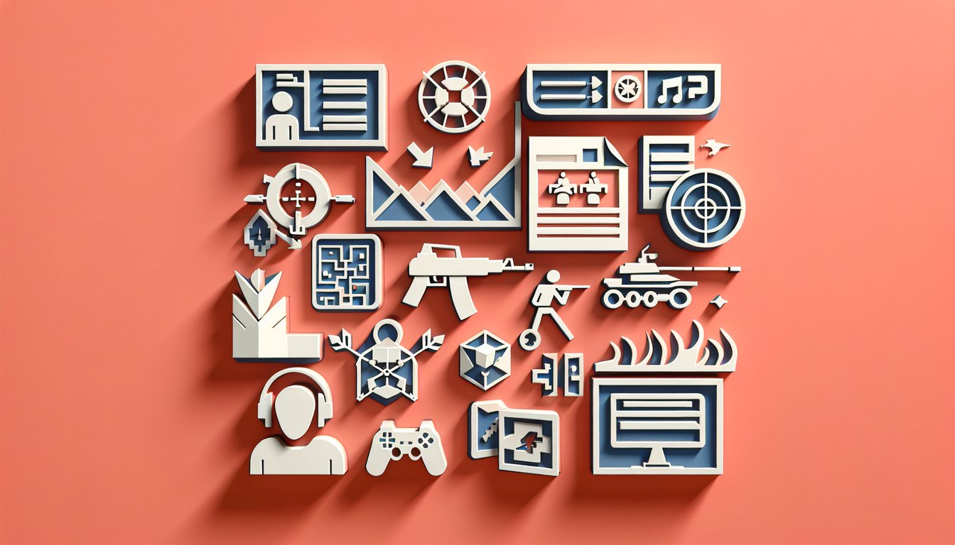 Paper art quiz banner with Team Fortress 2 class icons gear silhouettes on coral background