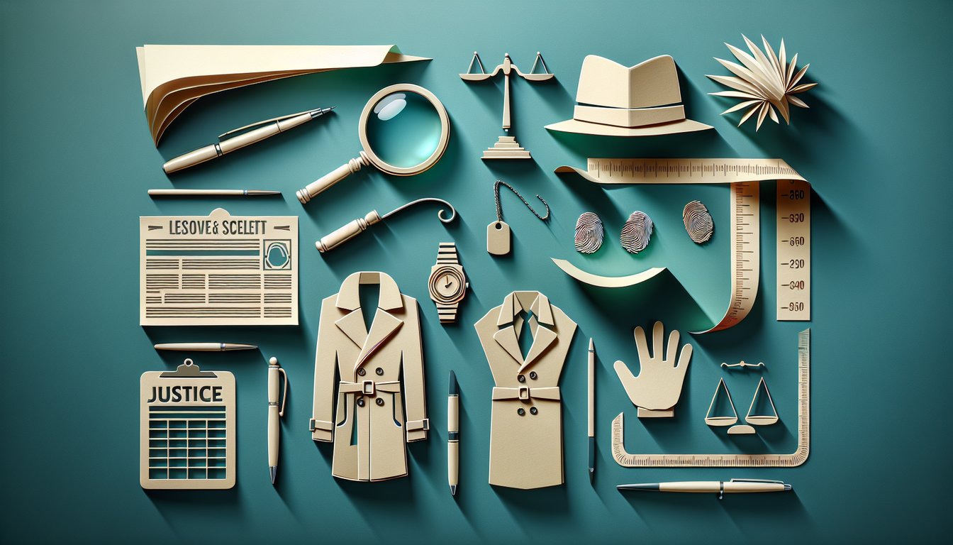 Teal background with layered paper art icons including magnifying glass handcuffs question mark and quiz banner