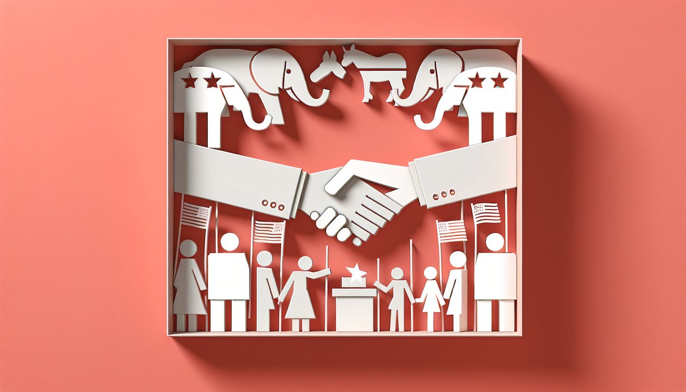 Paper art illustration for Democrat vs Republican quiz on coral background