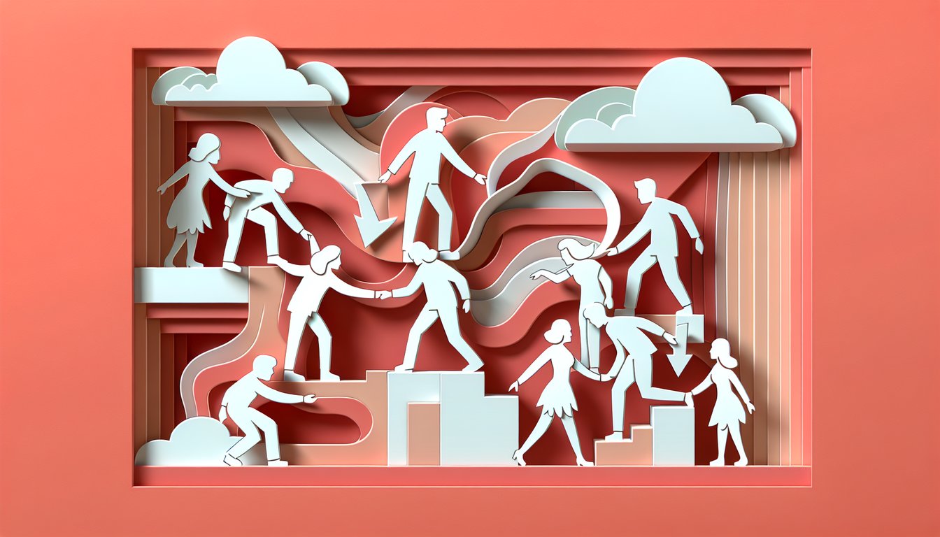 Paper art hands shaped as puzzle pieces fitting together on coral background for free trust quiz about relying on friends