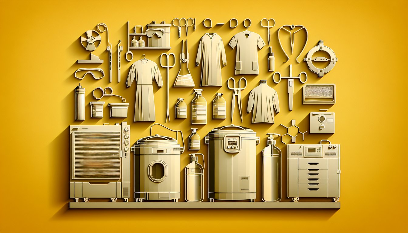 Paper art quiz scene with test tubes scalpel gloves books for sterile processing test on golden yellow background