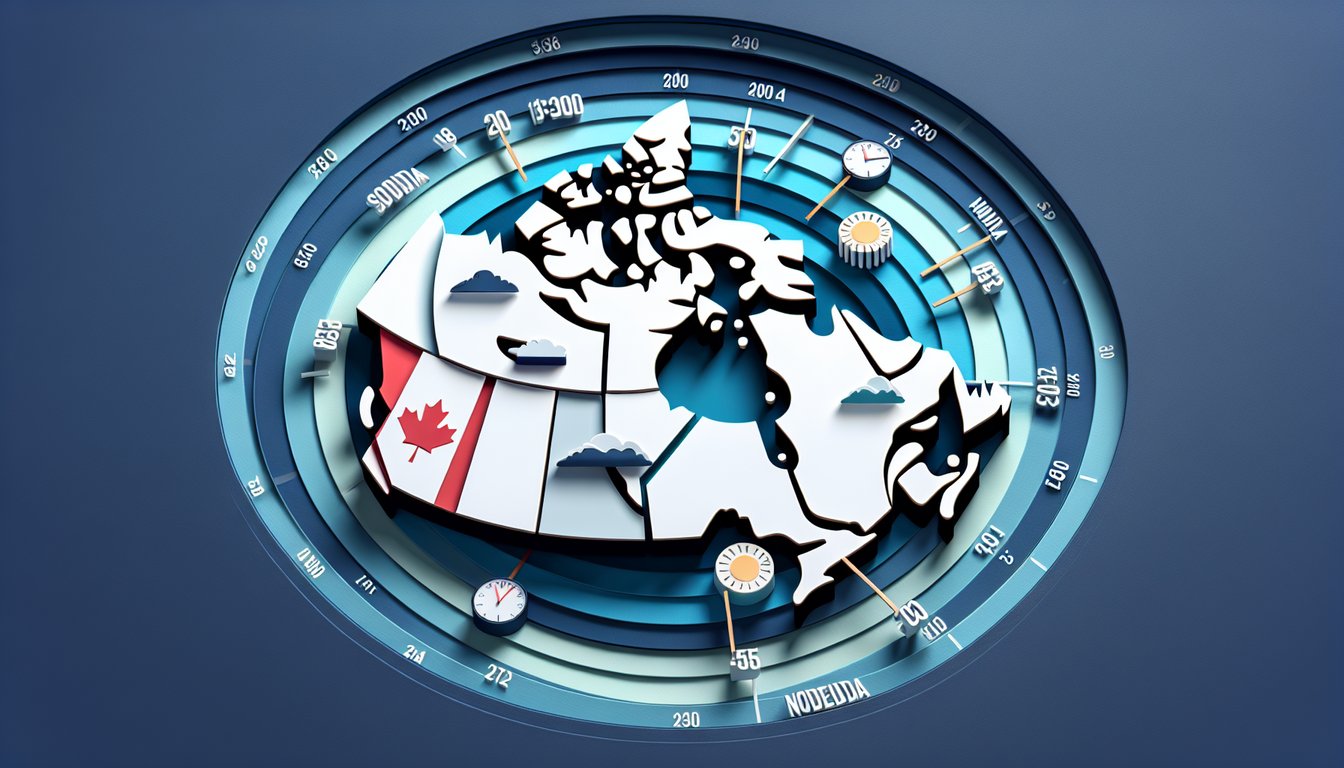 Paper art map of Canadian time zones on dark blue background with clock icons and quiz title invitation.