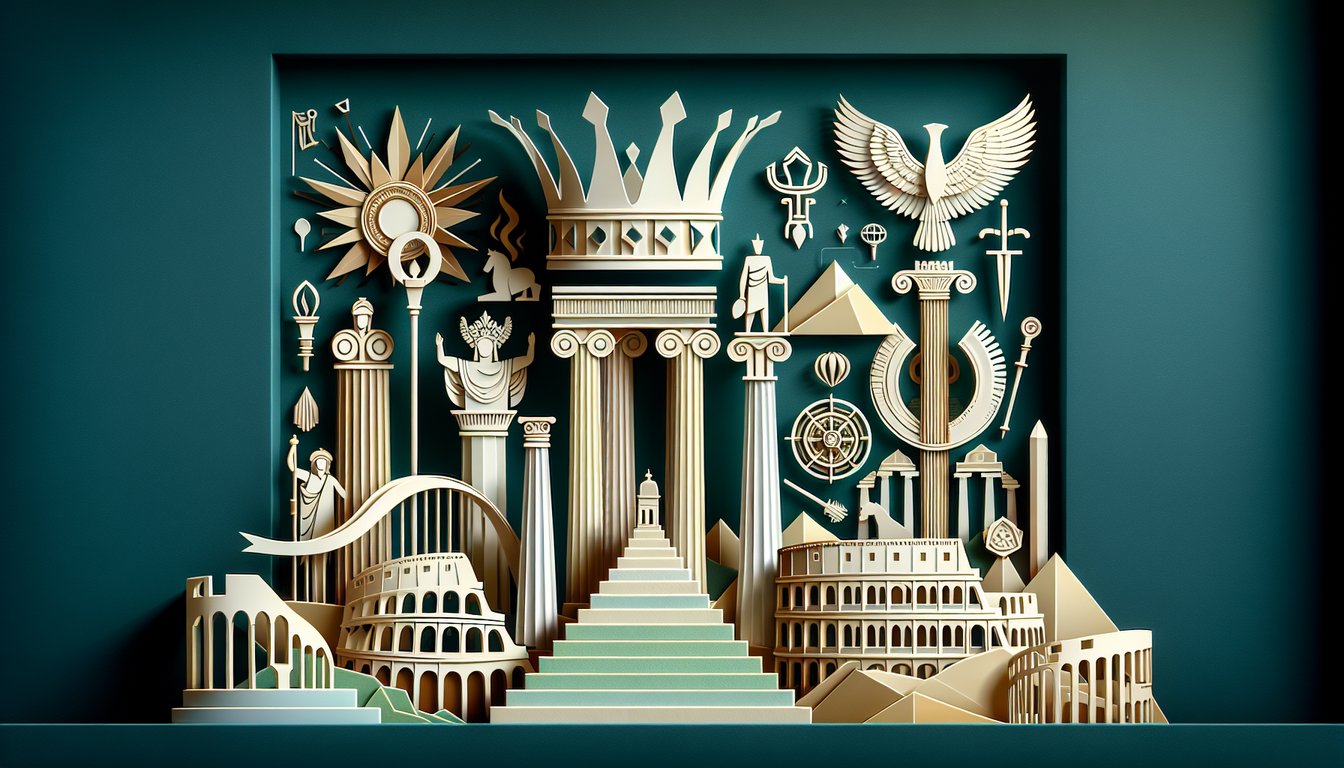 Paper art illustration of ancient empire crown laurel wreath scroll columns inviting leadership quiz on teal background