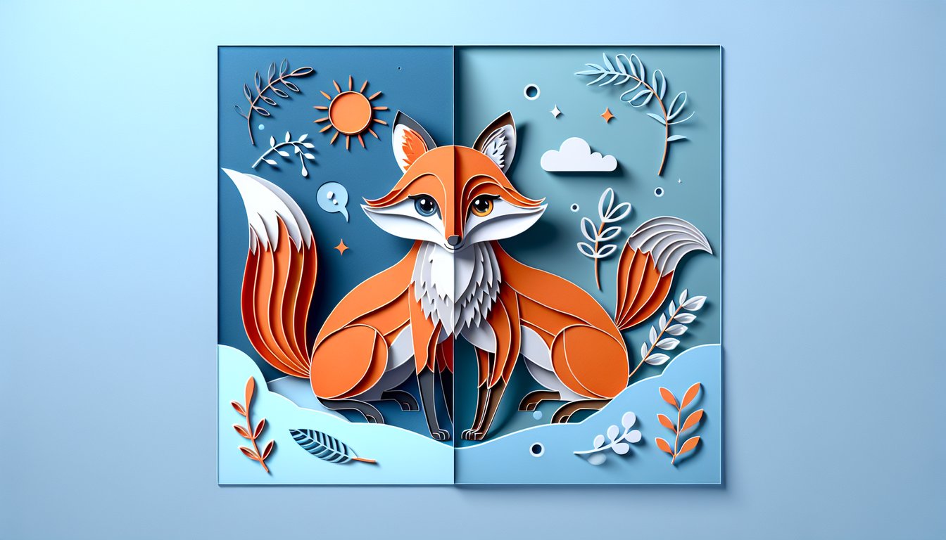 Paper art illustration of two fox characters Ash and Kristofferson on sky blue background for quiz