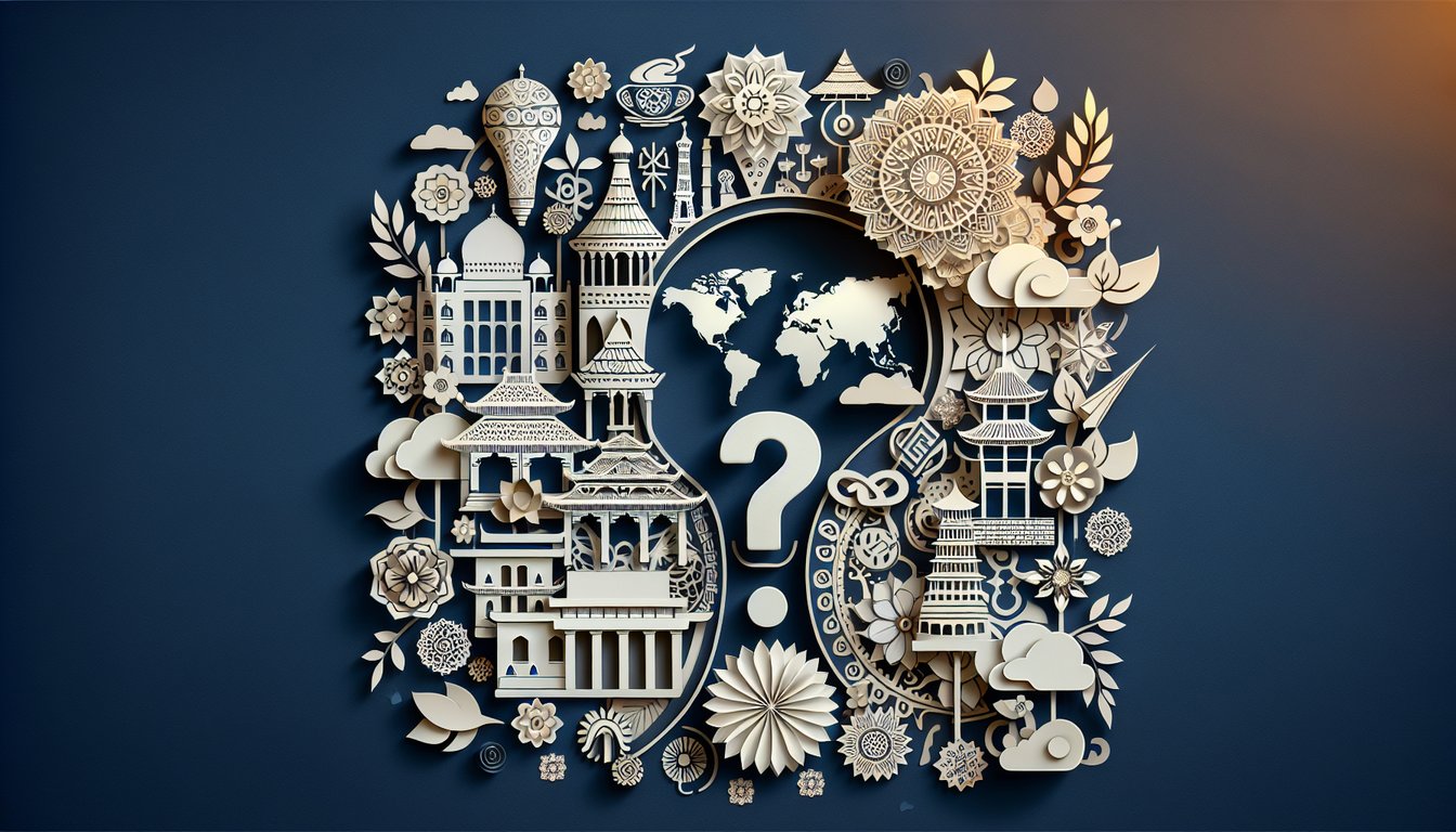Colorful paper art depicting various cultural symbols for a Cultural Heritage Trivia Quiz